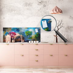 Glass splashback with metal backing in wide format - Kitchen tempered glass panel: Painting in colorful woods
