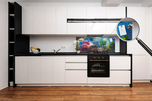 Glass splashback with metal backing in wide format - Kitchen tempered glass panel: Painting in colorful woods