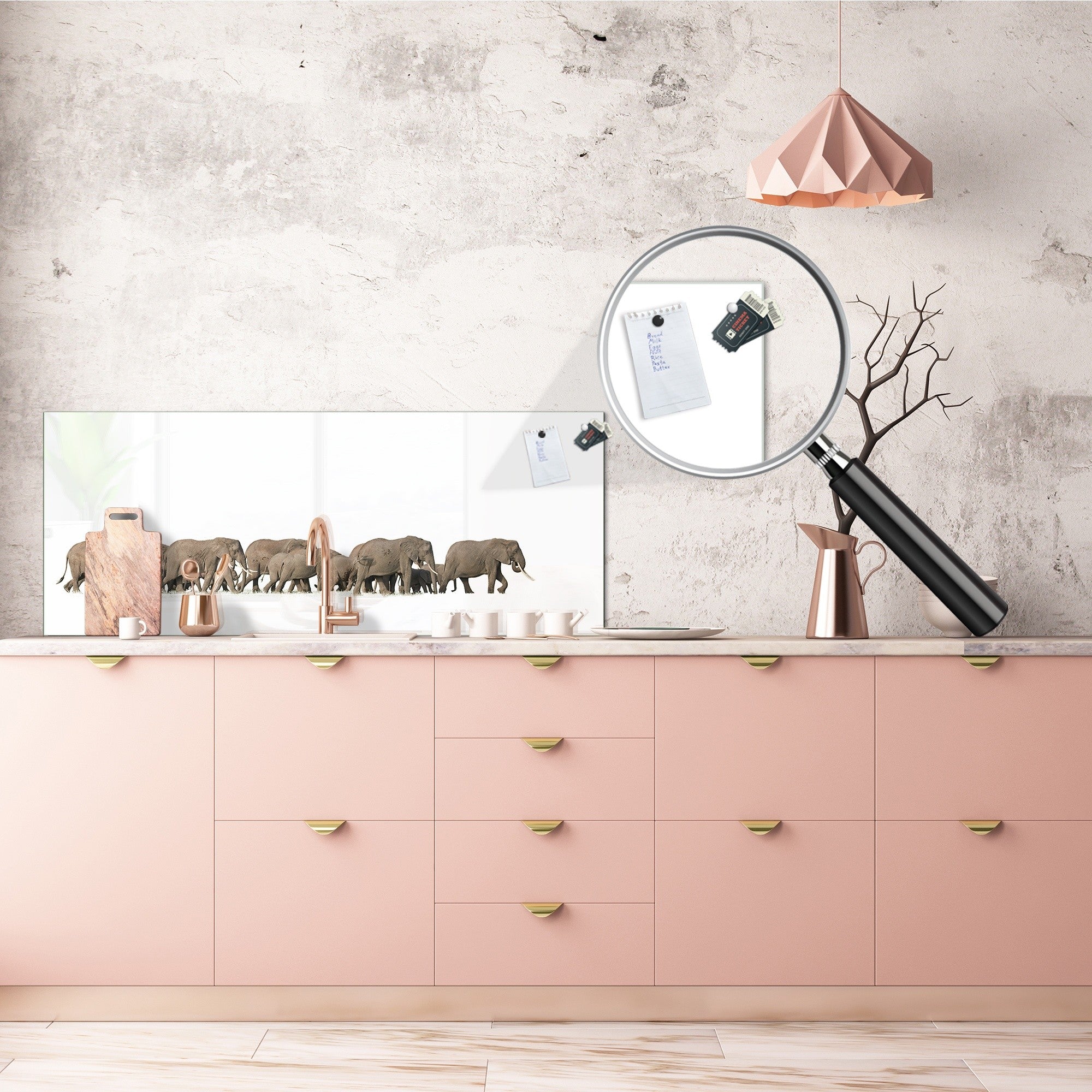 Glass splashback with metal backing in wide format - Kitchen tempered glass panel: Herd of African elephants