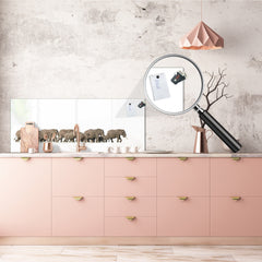Glass splashback with metal backing in wide format - Kitchen tempered glass panel: Herd of African elephants