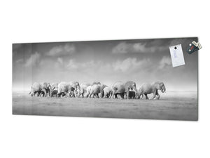 Glass splashback with metal backing in wide format - Kitchen tempered glass panel: Herd of African elephants 2