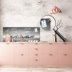 Glass splashback with metal backing in wide format - Kitchen tempered glass panel: Herd of African elephants 2