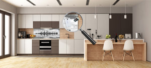 Wide-format tempered glass kitchen wall panel with metal backing - and without: City lanscape