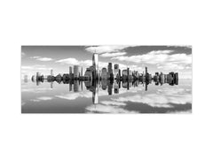 Wide-format tempered glass kitchen wall panel with metal backing - and without: City lanscape