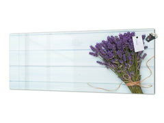 Wide-format tempered glass kitchen wall panel with metal backing - and without: Oil and lavender
