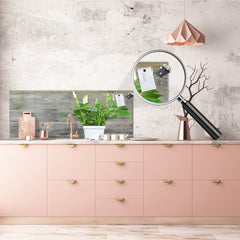 Wide-format tempered glass kitchen wall panel with metal backing - and without: Spathiphyllum in flowerpot