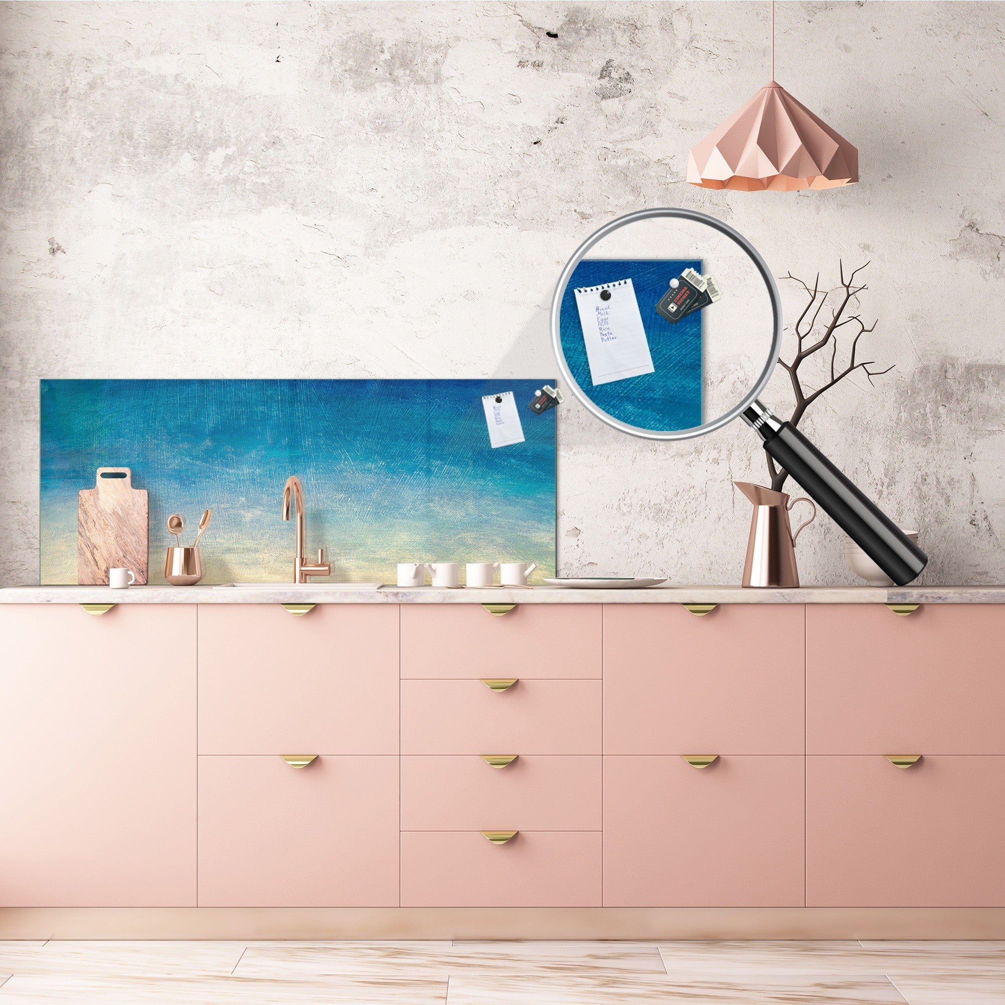 Wide-format tempered glass kitchen wall panel with metal backing - and without: Blue yellow gradient sky