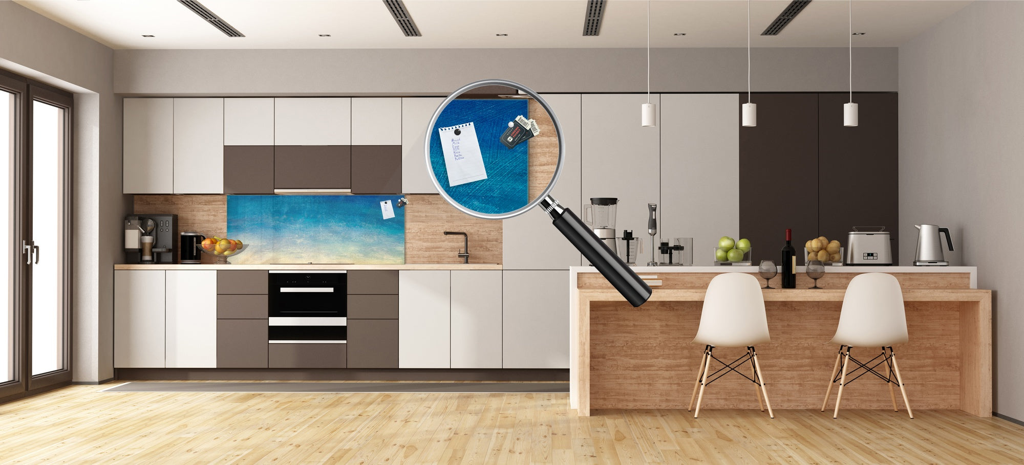 Wide-format tempered glass kitchen wall panel with metal backing - and without: Blue yellow gradient sky