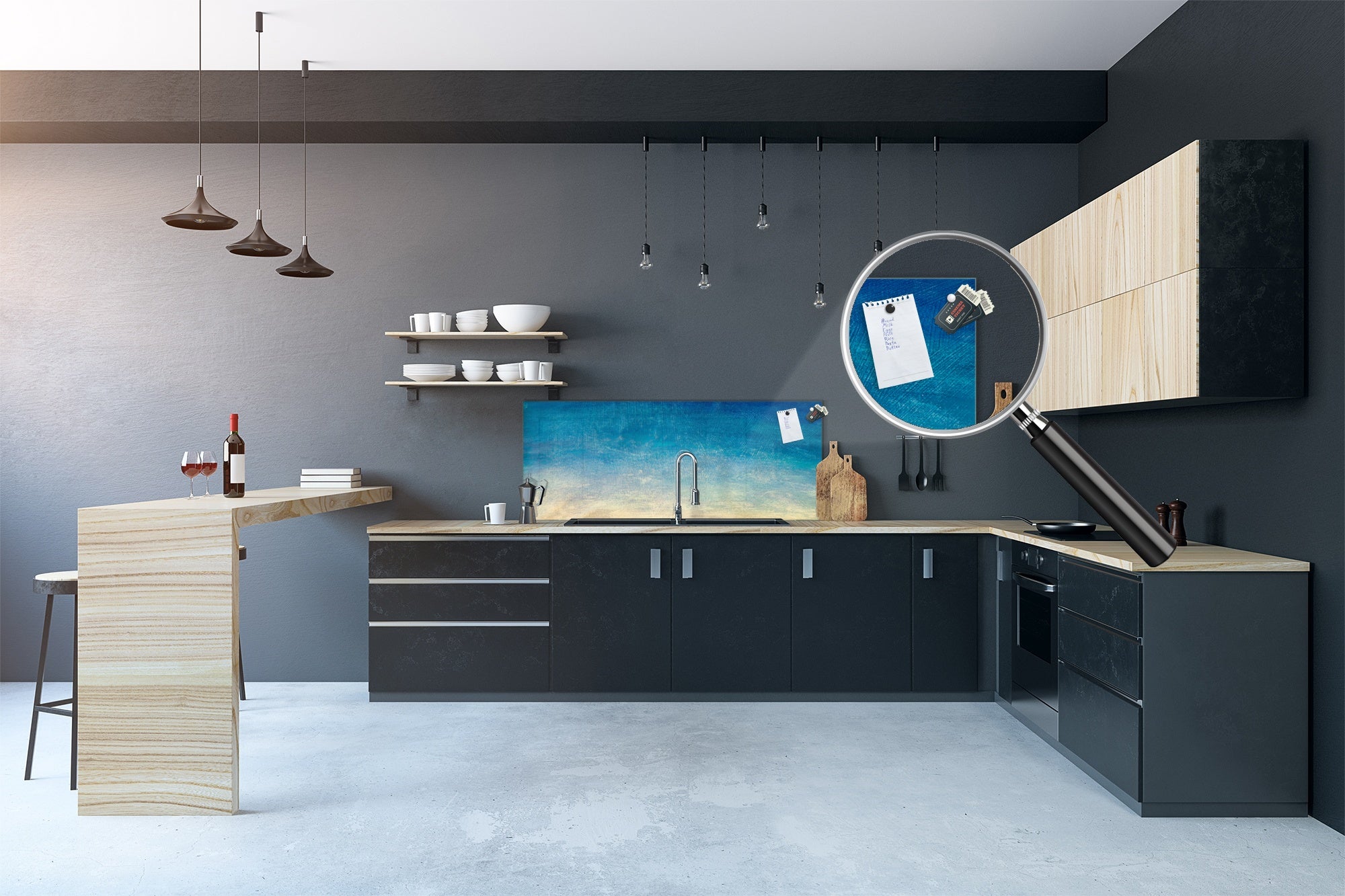 Wide-format tempered glass kitchen wall panel with metal backing - and without: Blue yellow gradient sky