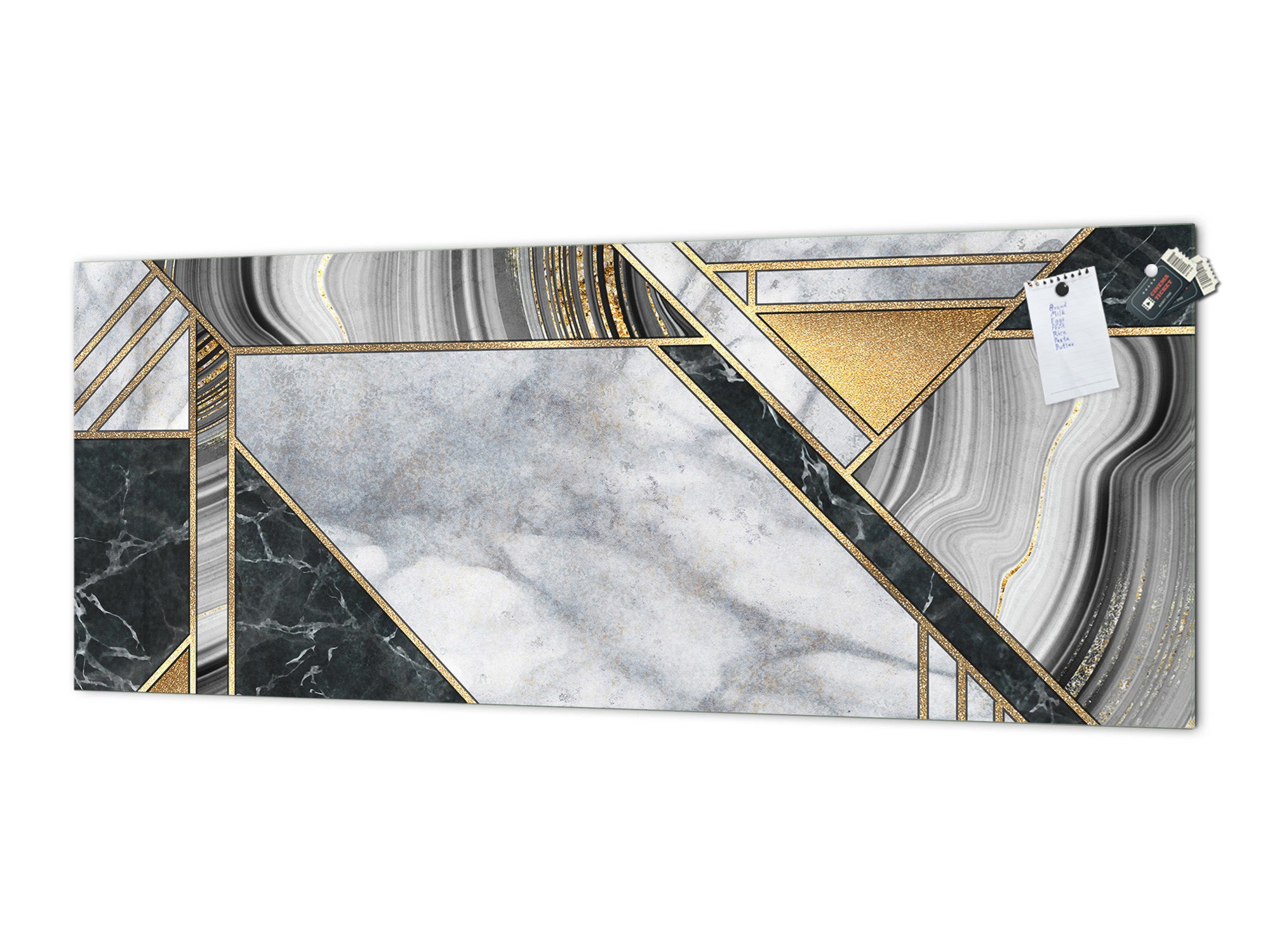 Wide-format tempered glass kitchen wall panel with metal backing - and without: Abstract art deco