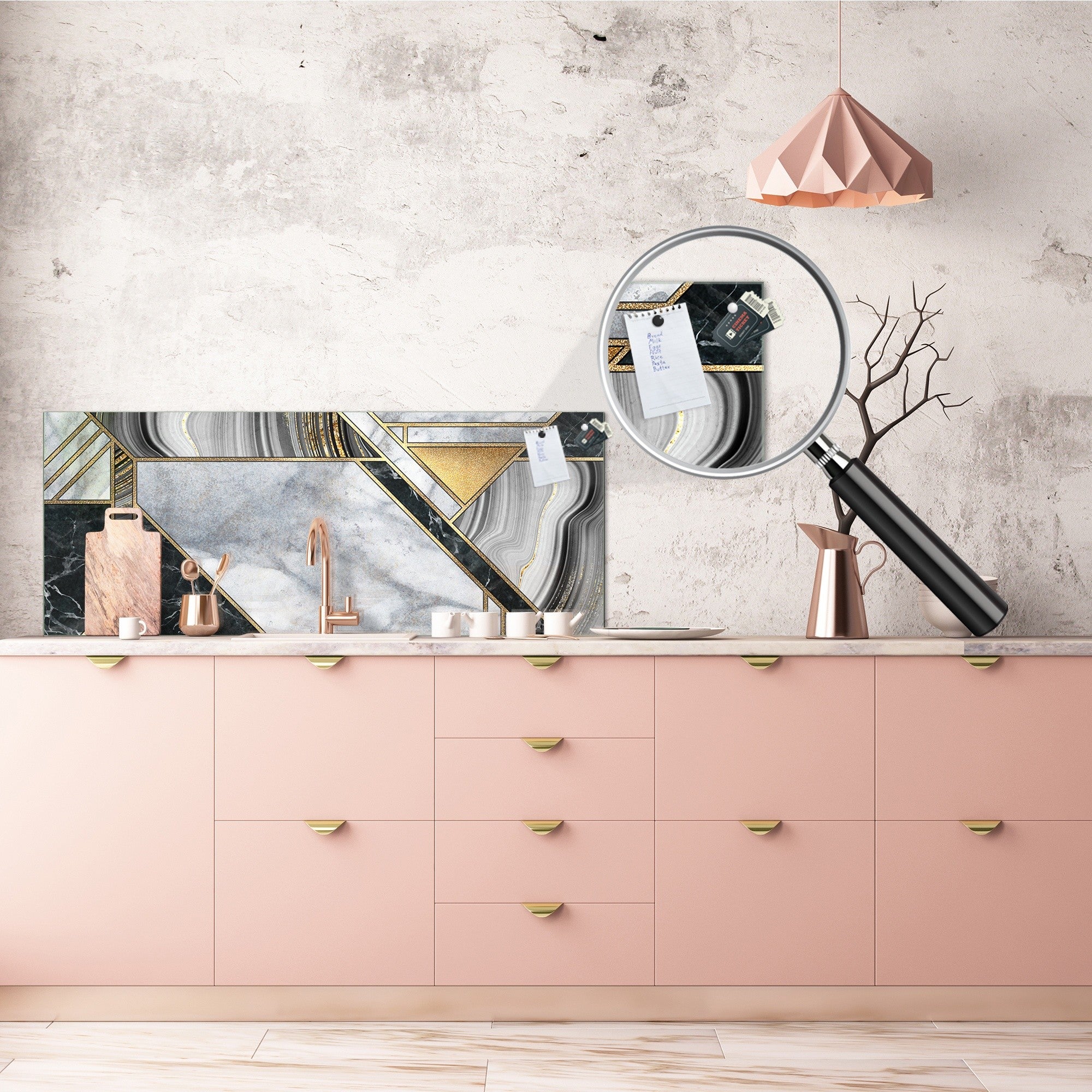 Wide-format tempered glass kitchen wall panel with metal backing - and without: Abstract art deco