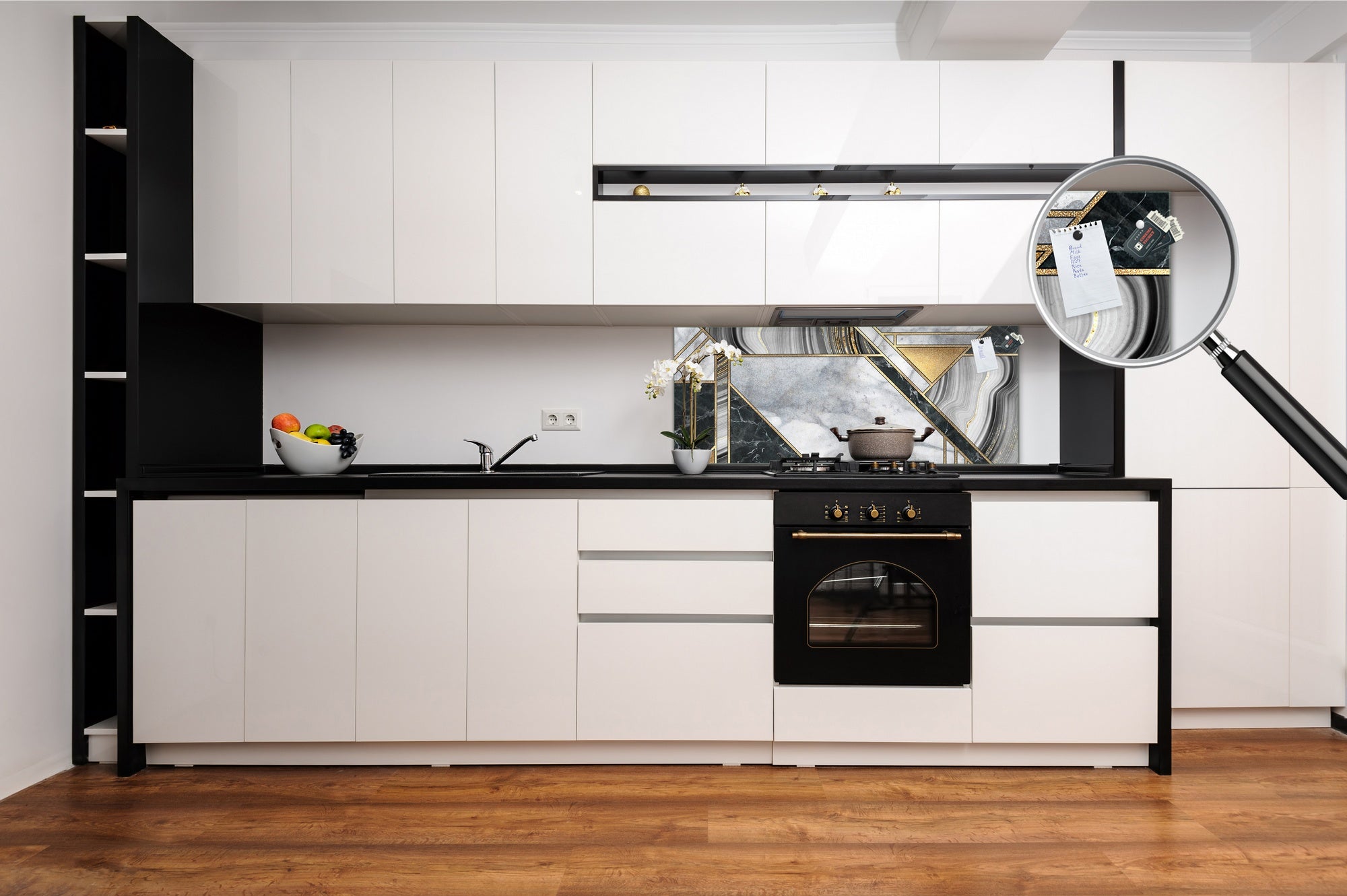 Wide-format tempered glass kitchen wall panel with metal backing - and without: Abstract art deco