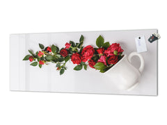 Panel de pared de cocina de vidrio templado de gran formato con respaldo de metal (y sin él): Taza de café o té con rosas rojas