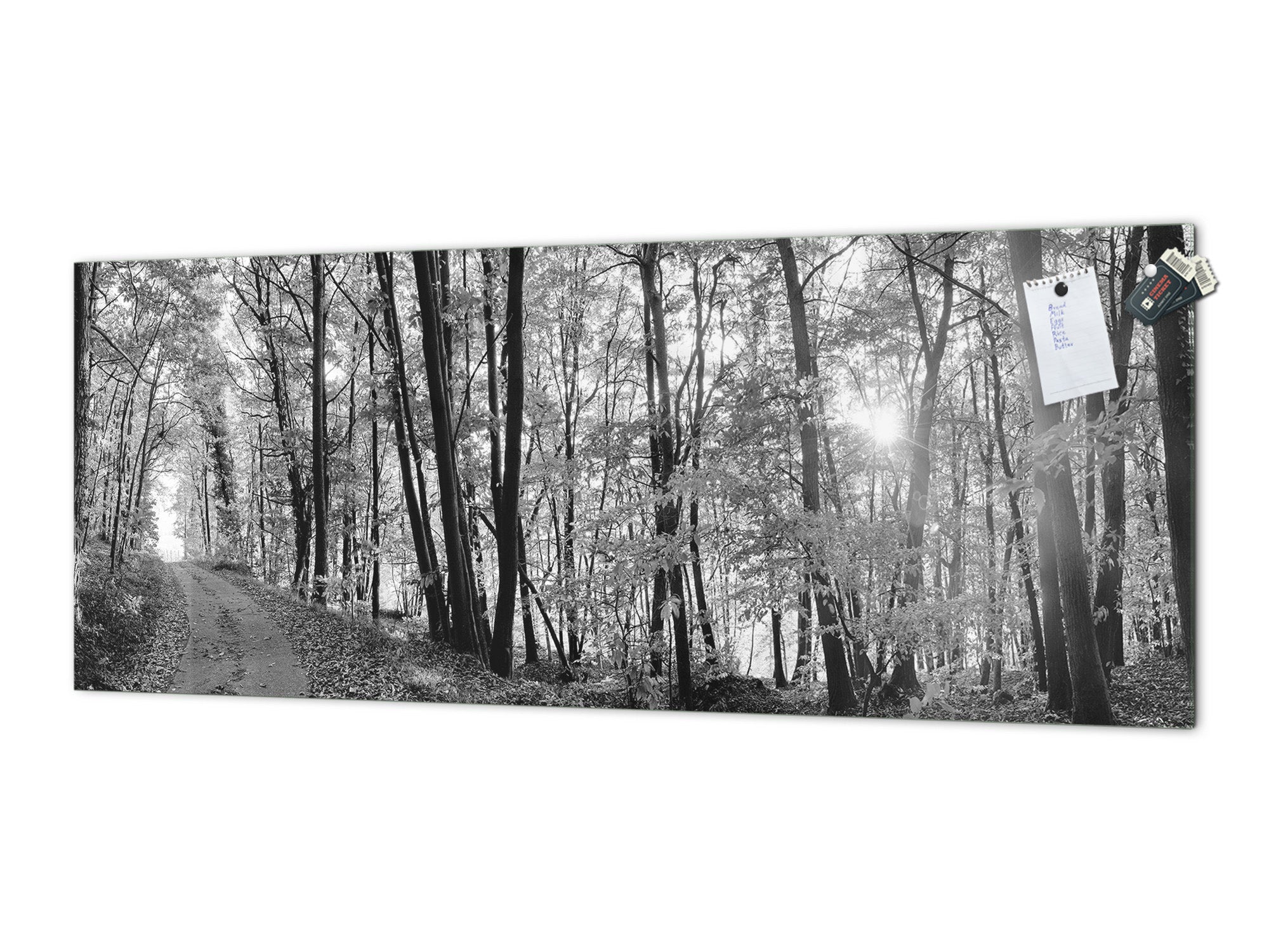 Wide-format tempered glass kitchen wall panel with metal backing - and without: Forest road