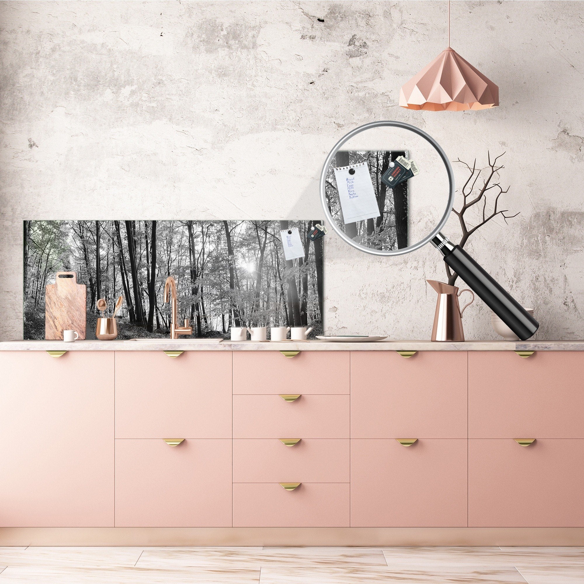 Wide-format tempered glass kitchen wall panel with metal backing - and without: Forest road