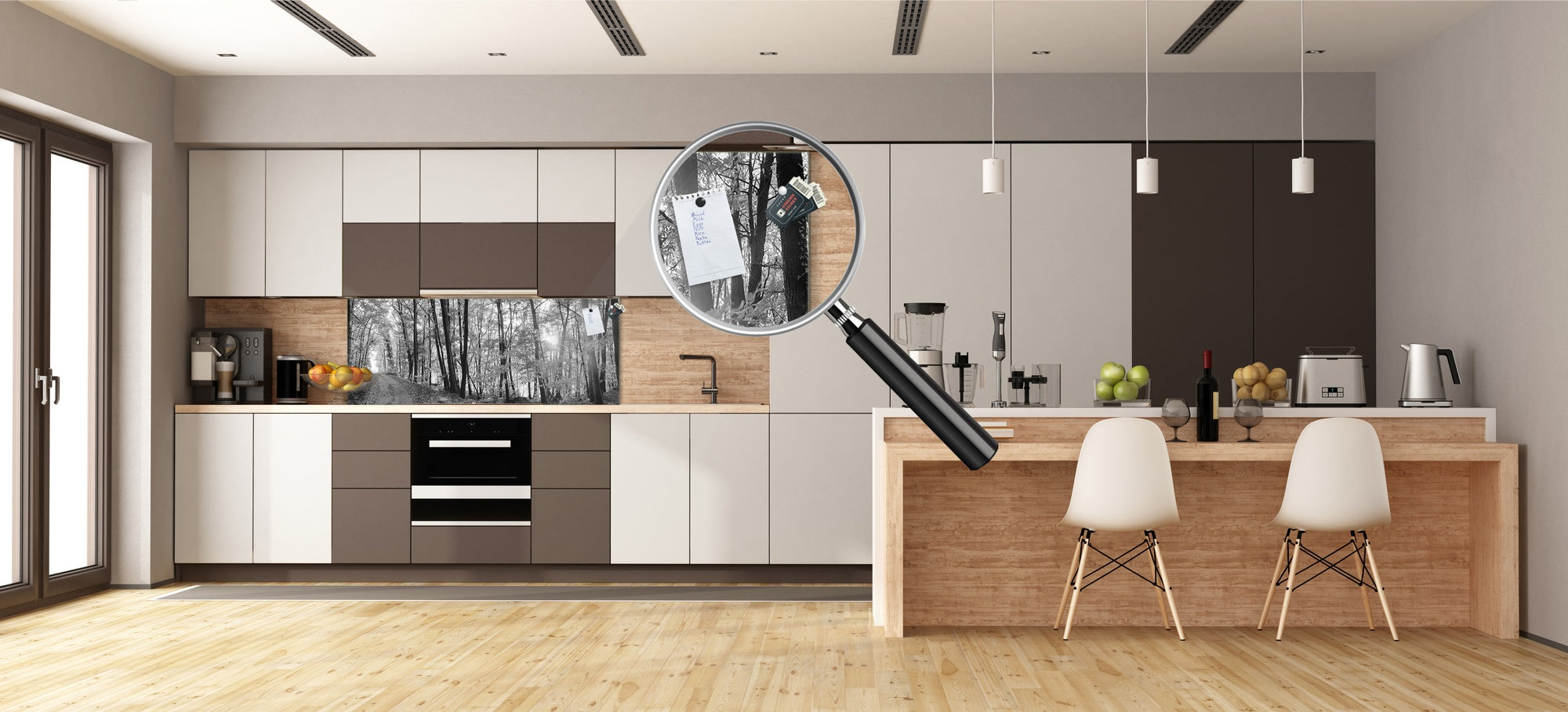 Wide-format tempered glass kitchen wall panel with metal backing - and without: Forest road
