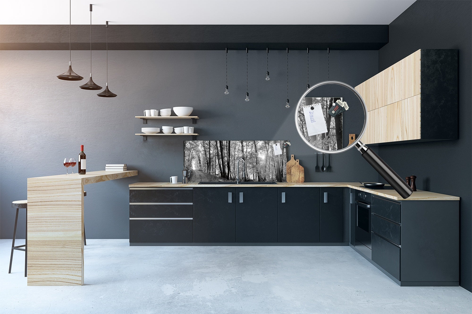 Wide-format tempered glass kitchen wall panel with metal backing - and without: Forest road