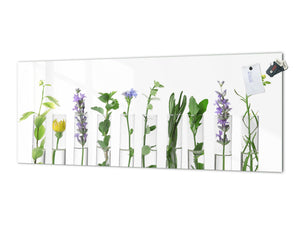 Wide-format tempered glass kitchen wall panel with metal backing - and without: Plants in  tubes