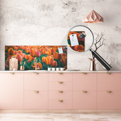 Toughened printed glass backsplash - Wideformat steel coated wall glass splashback: Meadow of red orange tulips