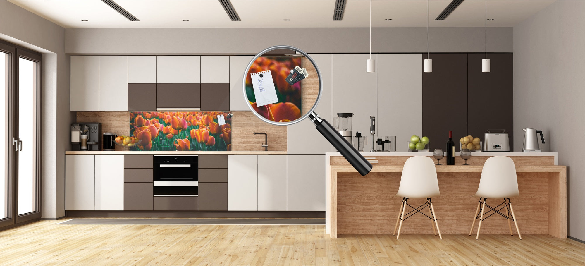 Toughened printed glass backsplash - Wideformat steel coated wall glass splashback: Meadow of red orange tulips
