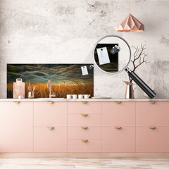Toughened printed glass backsplash - Wideformat steel coated wall glass splashback: Dramatic clouds over field of wheat