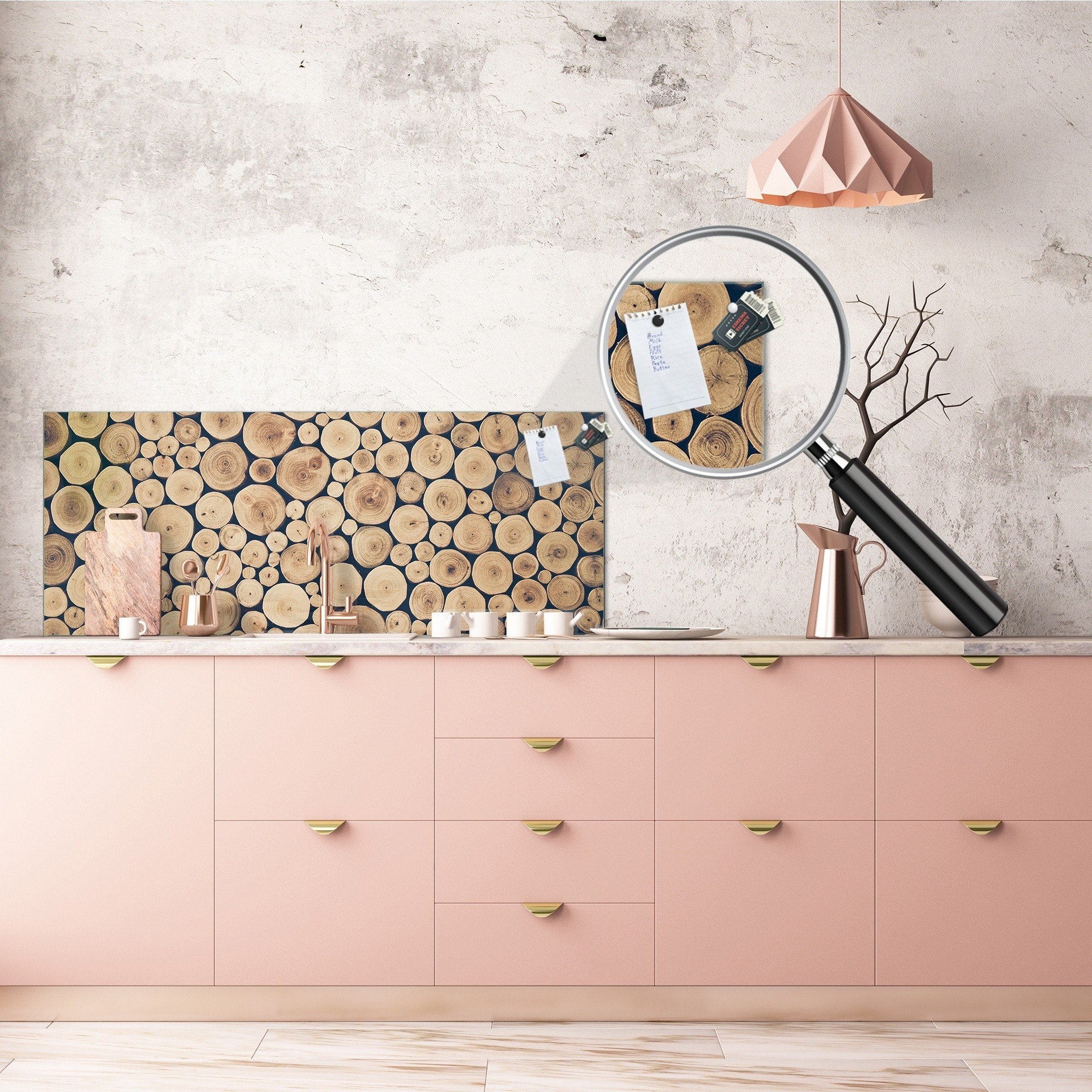 Wide format Wall panel with magnetic and non-magnetic metal sheet backing: Round teak wood stumps