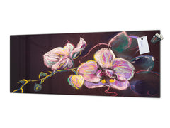 Tempered Glass magnetic and non magnetic splashback in wide-format: Modern painting withe orchids