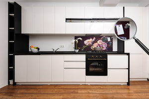 Tempered Glass magnetic and non magnetic splashback in wide-format: Modern painting withe orchids