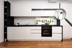 Tempered Glass magnetic and non magnetic splashback in wide-format: Fresh herbs hanging