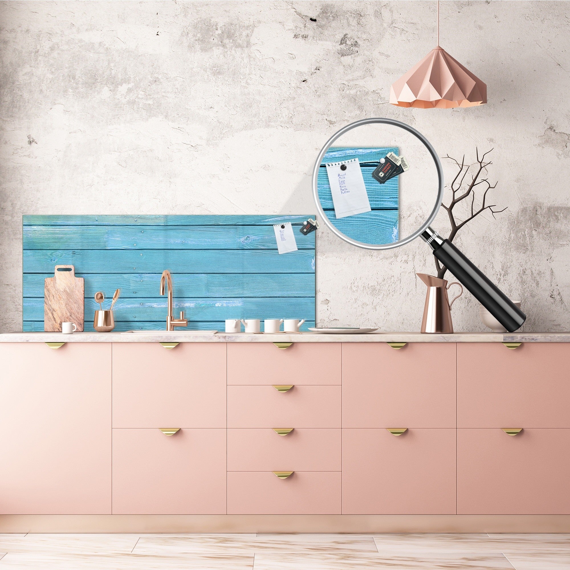 Tempered Glass magnetic and non magnetic splashback in wide-format: Blue wood