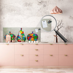 Contemporary glass kitchen panel - Wide format wall backsplash: Handmade wooden fruits