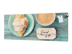 Tempered Glass magnetic and non magnetic splashback in wide-format: Coffee with croissant