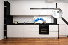 Tempered Glass magnetic and non magnetic splashback in wide-format: Blue orchid on white