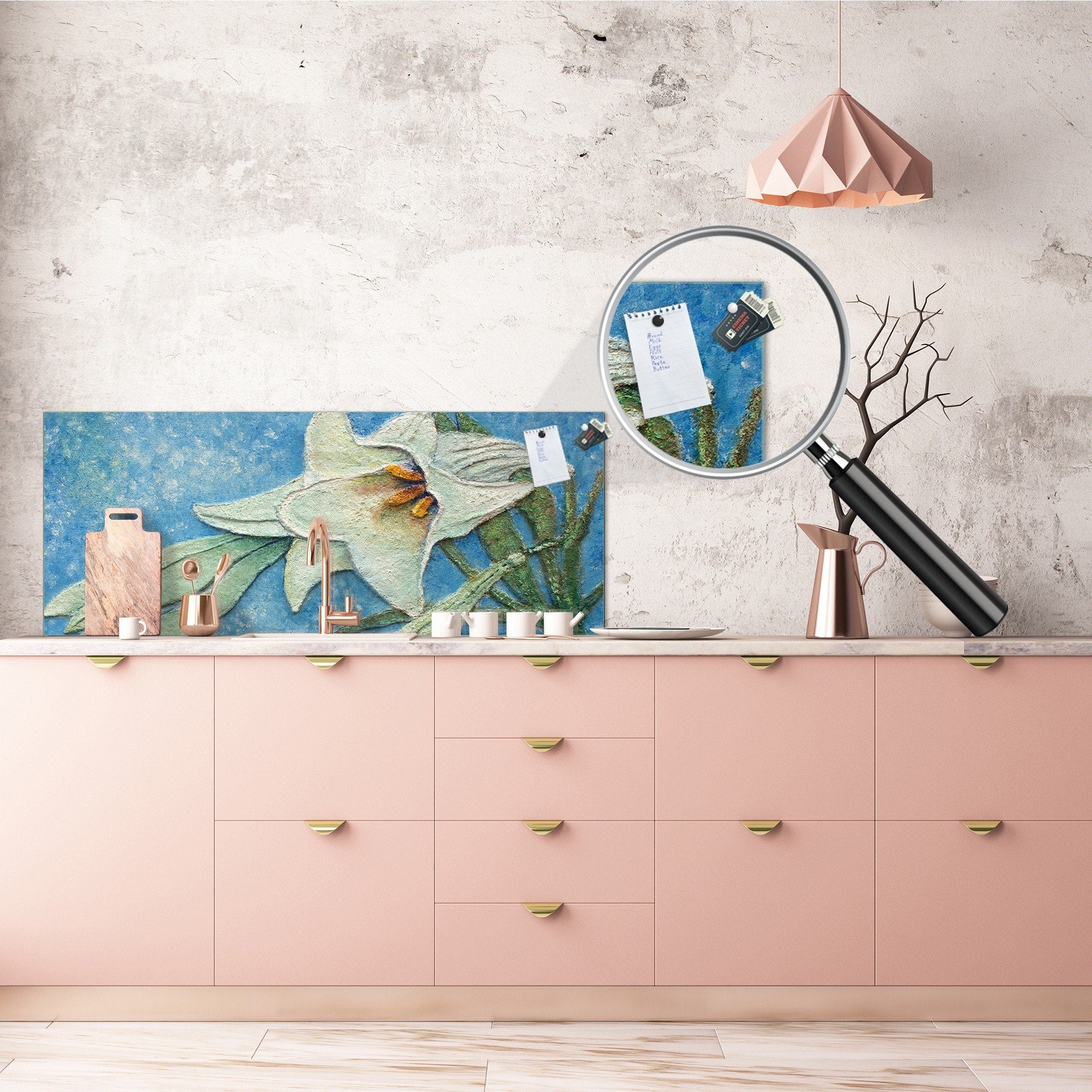 Glas-Küchenfront mit und ohne Edelstahl-Rückbeschichtung: Großes Lilienrelief-Ölgemälde 