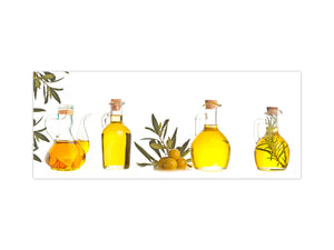 Glass kitchen panel with and w/o stainless steel back-coating: Olive oils bottles