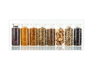 Glass kitchen panel with and w/o stainless steel back-coating: Assorted of spice bottles