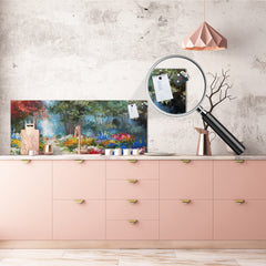 Glass kitchen panel with and w/o stainless steel back-coating: Colorful forest