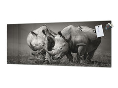 Glass backsplash w/ and w/o metal sheet backing with magnetic properties: White rhinos with birds