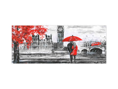 Glass backsplash w/ and w/o metal sheet backing with magnetic properties: London street with Big Ben