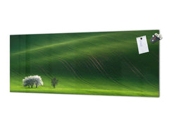 Glass backsplash w/ and w/o metal sheet backing with magnetic properties: Rolling Spring White tree