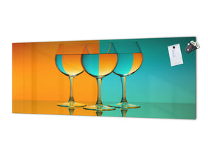 Glass backsplash w/ and w/o metal sheet backing with magnetic properties: Wine glasses in orange and blue