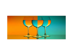 Glass backsplash w/ and w/o metal sheet backing with magnetic properties: Wine glasses in orange and blue