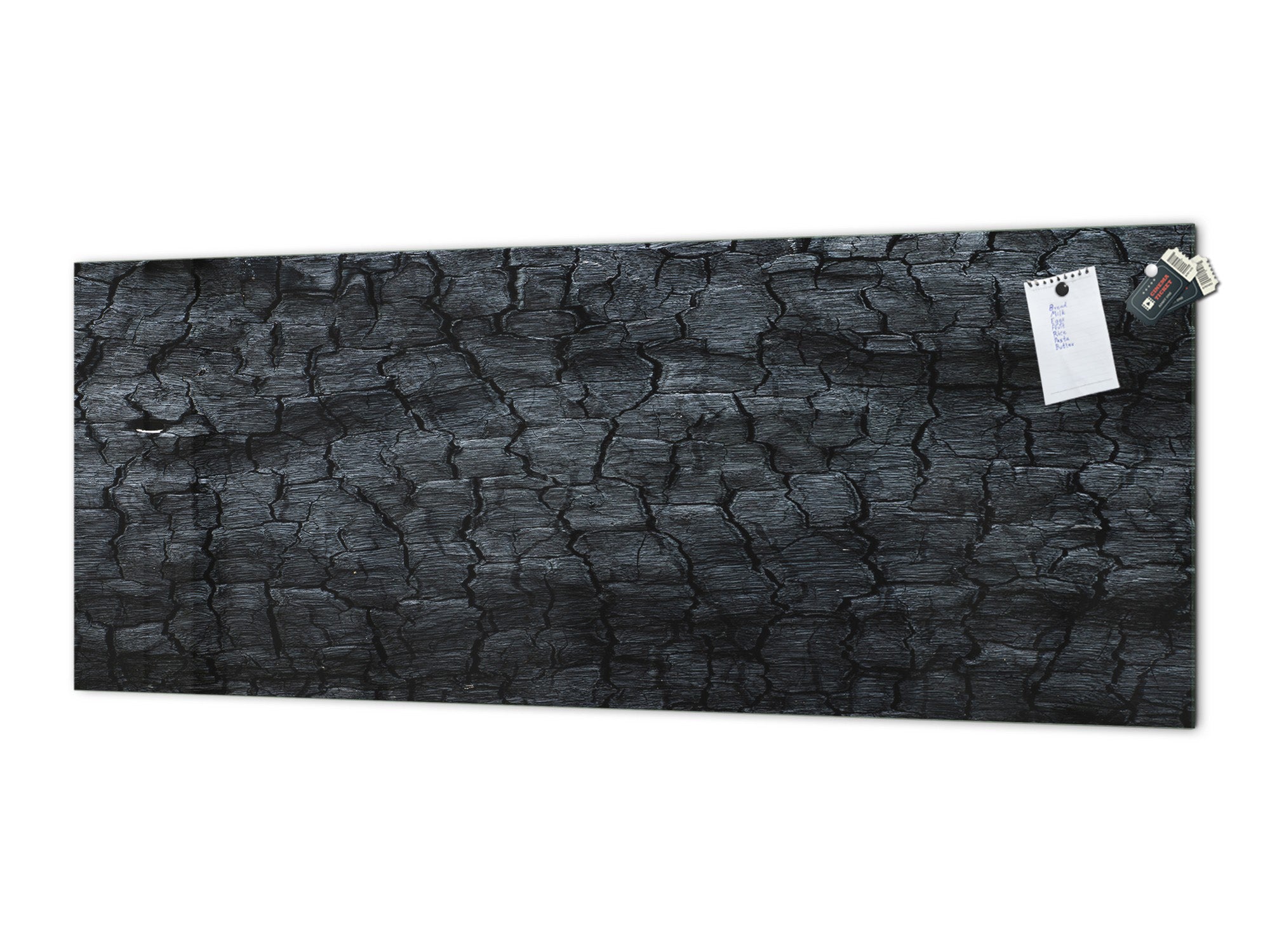 Glass backsplash w/ and w/o metal sheet backing with magnetic properties: Charcoal texture