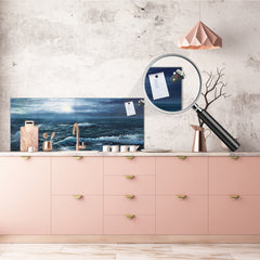 Glass splashback with metal backing in wide format - Kitchen tempered glass panel: Ocean waves painting