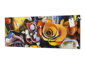 Glass splashback with metal backing in wide format - Kitchen tempered glass panel: Flowers - Picasso and Kandinsky mix