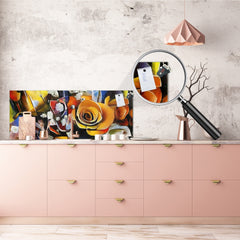 Glass splashback with metal backing in wide format - Kitchen tempered glass panel: Flowers - Picasso and Kandinsky mix