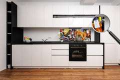 Glass splashback with metal backing in wide format - Kitchen tempered glass panel: Flowers - Picasso and Kandinsky mix