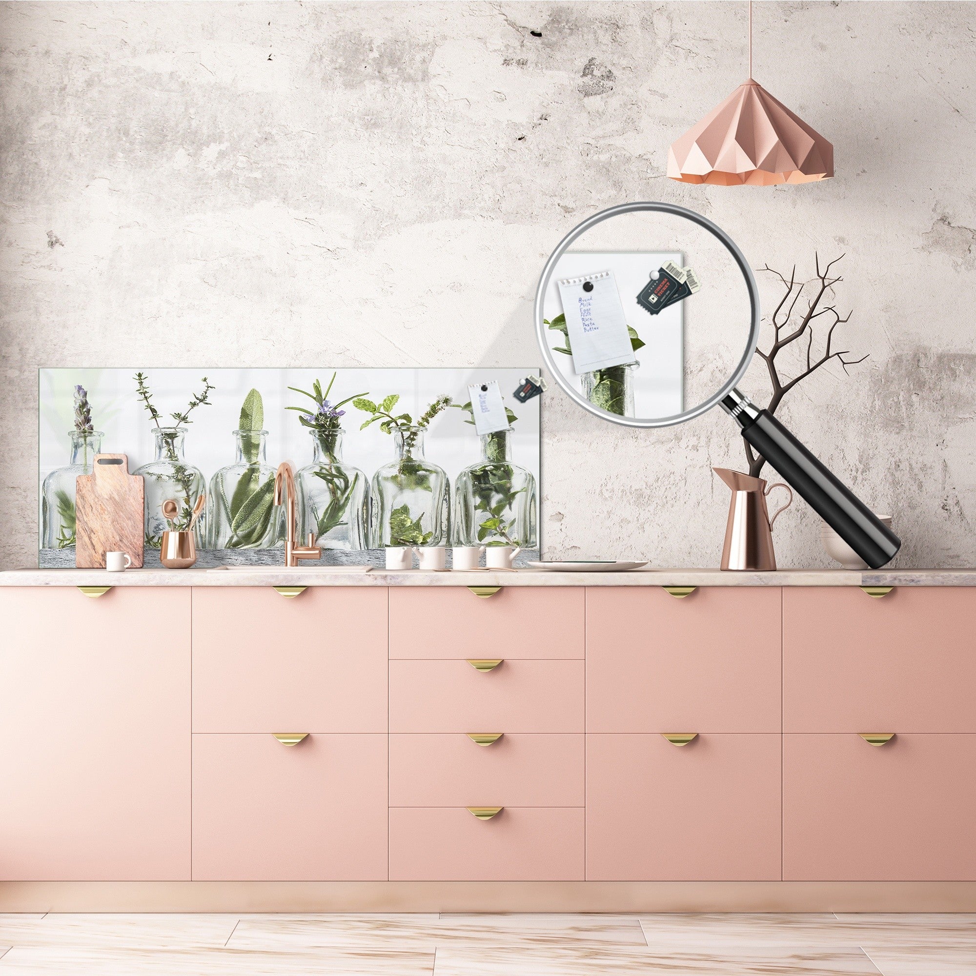 Stunning glass wall art - Wide format  backsplash with w/ & w/o stainless steel back: Bottle of essential oil herbs