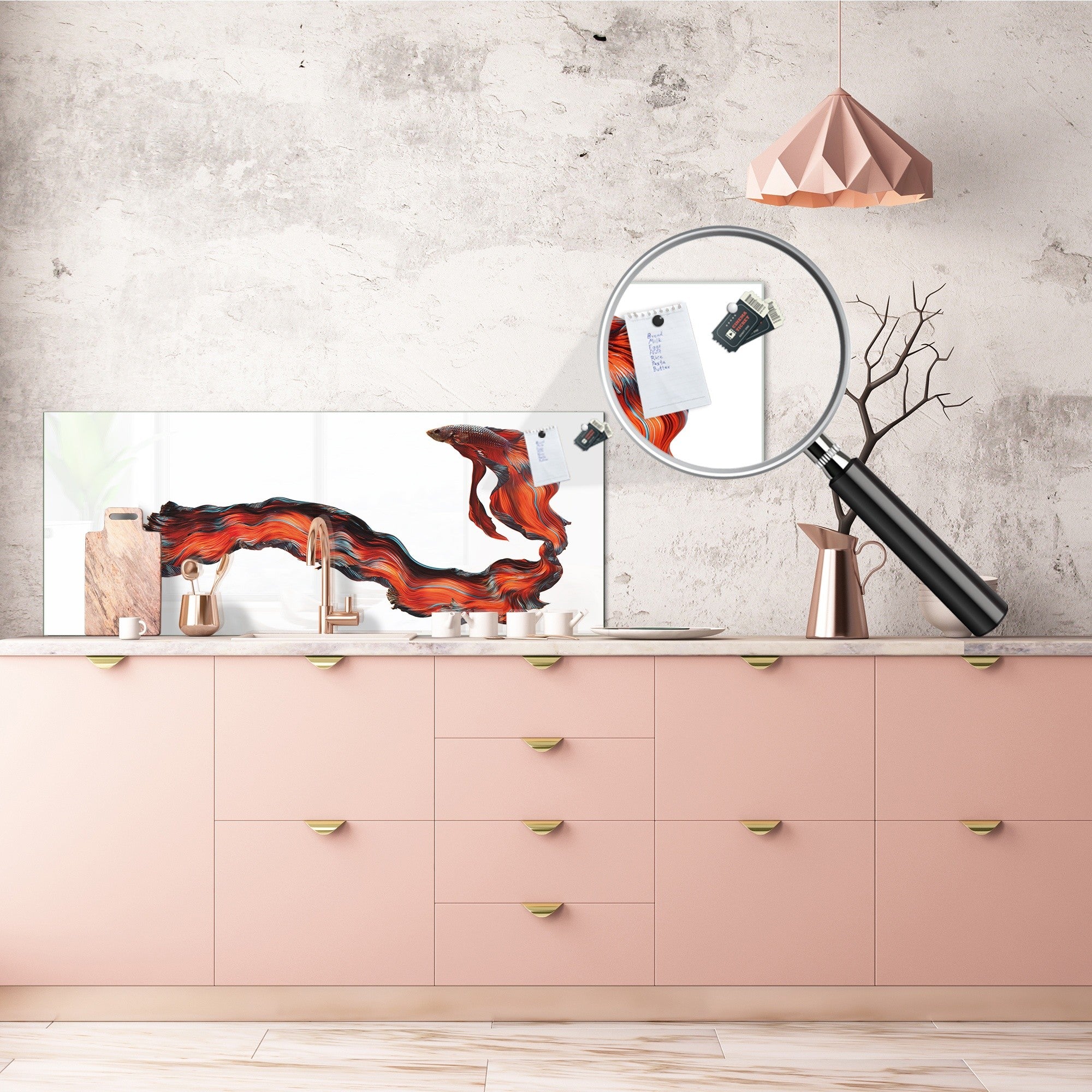 Stunning glass wall art - Wide format  backsplash with w/ & w/o stainless steel back: Half-Moon fighting fish in red