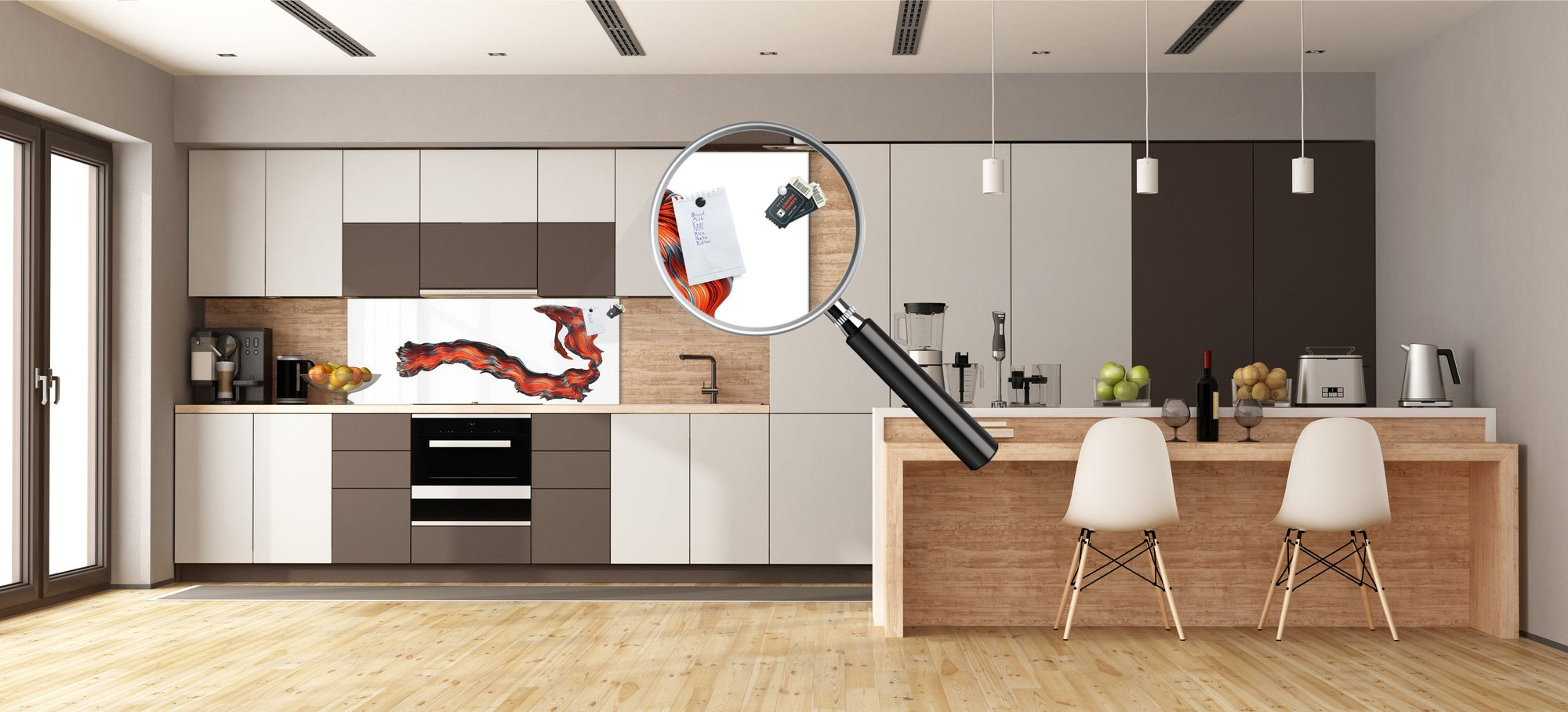 Stunning glass wall art - Wide format  backsplash with w/ & w/o stainless steel back: Half-Moon fighting fish in red